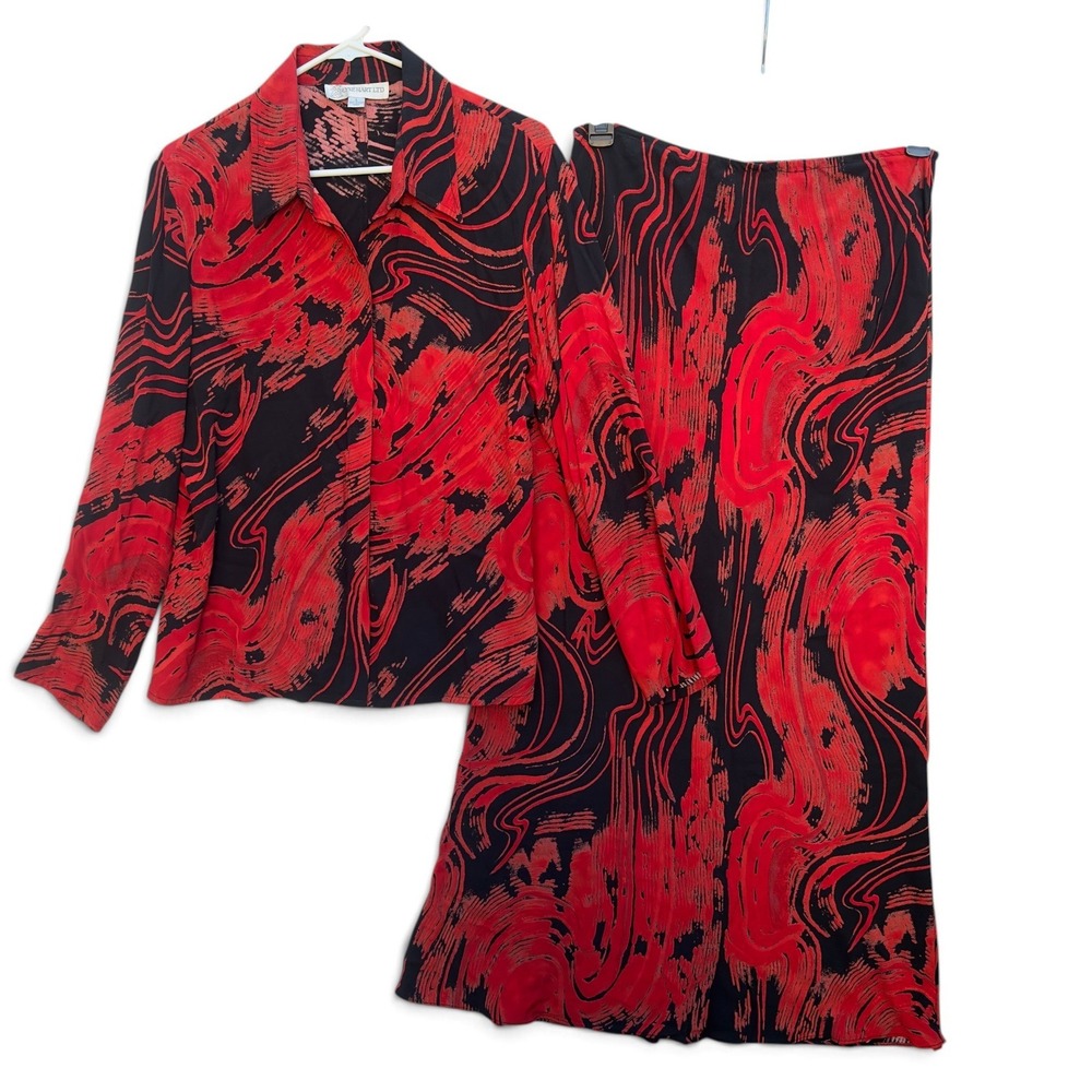 Vintage Elyse Hart 2 Piece Set Womens L Red Black Rayon Blouse Maxi Skirt 90s